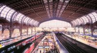 High-angle view of Hamburg Hauptbahnhof in Germany, with trains at the platforms and many people.