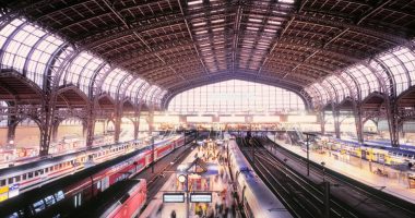 High-angle view of Hamburg Hauptbahnhof in Germany, with trains at the platforms and many people.