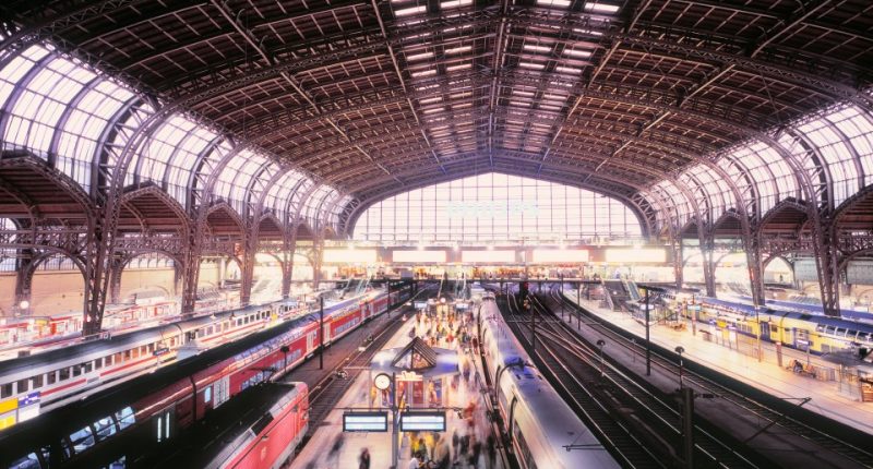 High-angle view of Hamburg Hauptbahnhof in Germany, with trains at the platforms and many people.