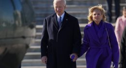 Joe and Jill Biden holding hands after the 2025 presidential inauguration.