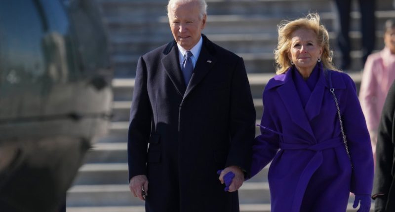 Joe and Jill Biden holding hands after the 2025 presidential inauguration.