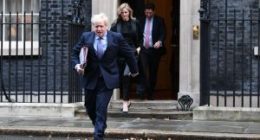 An image collage containing 1 images, Image 1 shows Boris Johnson and Cleo Watson leaving Downing Street