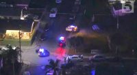 Aerial view of a crime scene with police cars at night.