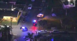Aerial view of a crime scene with police cars at night.