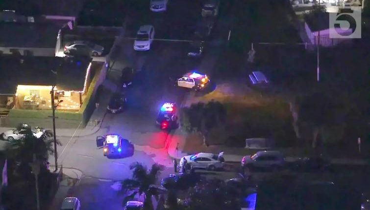 Aerial view of a crime scene with police cars at night.