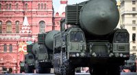 Yars intercontinental ballistic missile launchers at a military parade in Moscow.