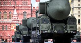 Yars intercontinental ballistic missile launchers at a military parade in Moscow.