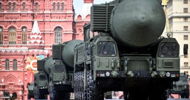 Yars intercontinental ballistic missile launchers at a military parade in Moscow.