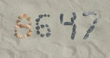 Seashells arranged to form the numbers 8647 in the sand.
