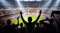 Silhouette of cheering fans in a stadium.