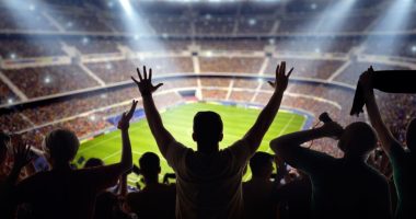 Silhouette of cheering fans in a stadium.