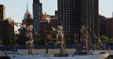 Damaged Mexican Navy sailing ship, Cuauhtémoc, in New York City.