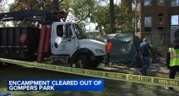 Chicago crews clear out last tents of homeless encampment at Gompers Park, near Pulaski Road, Bryn Mawr Avenue, in North Park
