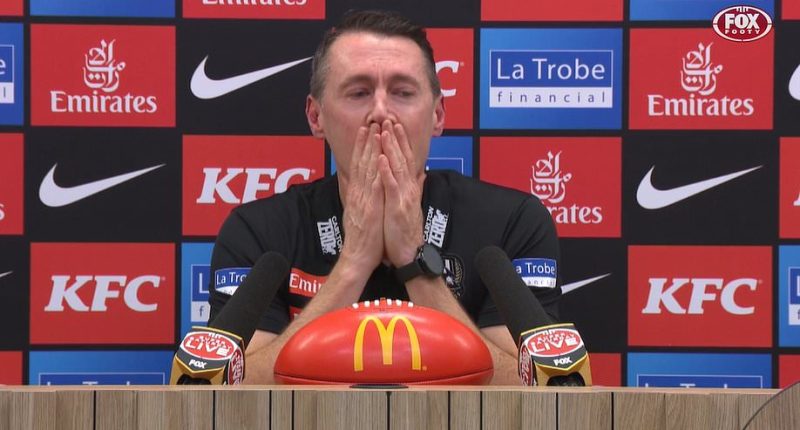 Craig McRae breaks down in post-match interview as AFL rocked by shock death of Adam Selwood