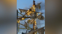 Crew on Mexican Navy tall ship seen clinging to rigging after collision with Brooklyn Bridge, video shows