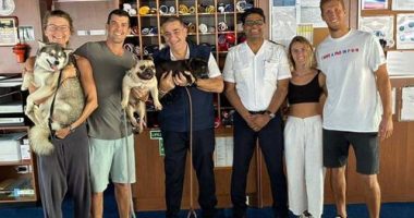 A cruise ship has rescued four people stranded on a disabled boat off the coast of New Caledonia.Carnival Splendor plucked the sailors and their three dogs from the catamaran in the South Pacific on Thursday.