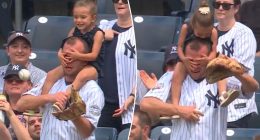 Dad catches foul ball while daughter covers his eyes at Yankees game