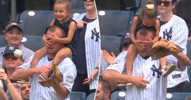 Dad catches foul ball while daughter covers his eyes at Yankees game