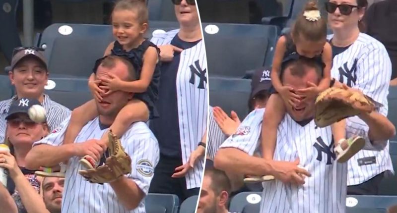 Dad catches foul ball while daughter covers his eyes at Yankees game