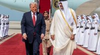 An image collage containing 1 images, Image 1 shows President Trump and the Emir of Qatar walking on a red carpet at an airport