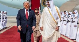 An image collage containing 1 images, Image 1 shows President Trump and the Emir of Qatar walking on a red carpet at an airport