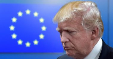 Donald Trump with the circle of 12 gold stars representing the EU in the background