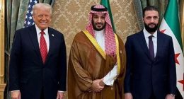 US President Donald Trump, Saudi Crown Prince Mohammed bin Salman and Syria’s President Ahmed al-Sharaa in Riyadh on Wednesday