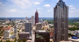 High-angle view of Downtown Atlanta skyline.