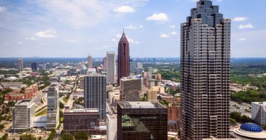 High-angle view of Downtown Atlanta skyline.
