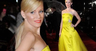 Elizabeth Banks in yellow gown at Hunger Games: Catching Fire premiere
