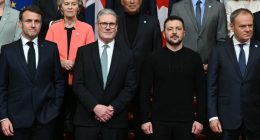 A cropped photo shows Ursula von der Leyen and António Costa standing behind Emmanuel Macron, Sir Keir Starmer, Volodymyr Zelenskyy and Donald Tusk during a summit held at Lancaster House in central London on March 2
