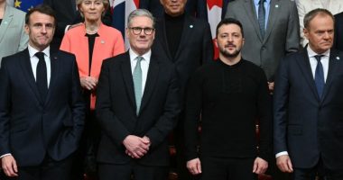 A cropped photo shows Ursula von der Leyen and António Costa standing behind Emmanuel Macron, Sir Keir Starmer, Volodymyr Zelenskyy and Donald Tusk during a summit held at Lancaster House in central London on March 2
