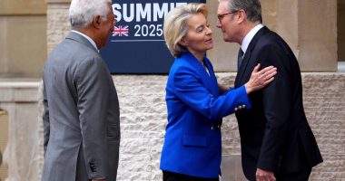 Keir Starmer greeting Ursula von der Leyen at a UK-EU summit.