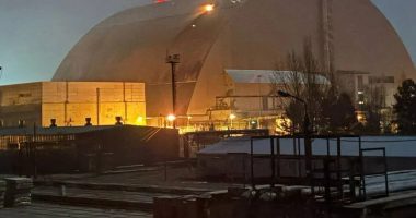 Nighttime view of the Chernobyl nuclear power plant's fourth power unit.