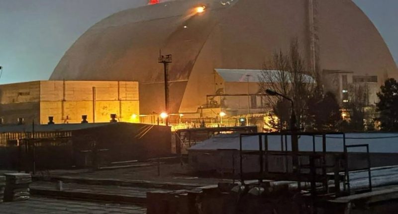 Nighttime view of the Chernobyl nuclear power plant's fourth power unit.