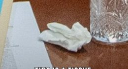 Image of a tissue, papers, and a glass on a table.