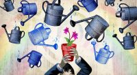 Jonathan McHugh illustration of a man holding a cracked flower pot containing a plant, with watering cans flying around it
