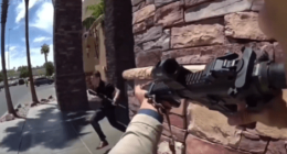 Person aiming a rifle at another person running away.