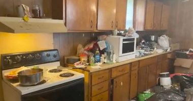 Extremely cluttered and dirty kitchen with trash and animal waste.