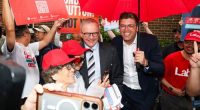 Prime Minister Anthony Albanese and Labor MP for Bennelong Jerome Laxale during a visit to an early voting polling place, in the electorate of Bennelong, in Eastwood, NSW, on Monday 28 April, during the 2025 federal election campaign.