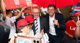 Prime Minister Anthony Albanese and Labor MP for Bennelong Jerome Laxale during a visit to an early voting polling place, in the electorate of Bennelong, in Eastwood, NSW, on Monday 28 April, during the 2025 federal election campaign.