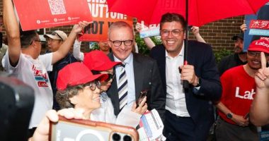 Prime Minister Anthony Albanese and Labor MP for Bennelong Jerome Laxale during a visit to an early voting polling place, in the electorate of Bennelong, in Eastwood, NSW, on Monday 28 April, during the 2025 federal election campaign.