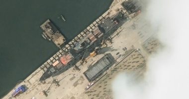 Satellite image of a North Korean warship in a harbor.
