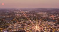 Illustration of the North Pole megaproject in Riyadh, Saudi Arabia, featuring a tall skyscraper and surrounding city.