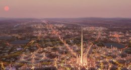 Illustration of the North Pole megaproject in Riyadh, Saudi Arabia, featuring a tall skyscraper and surrounding city.