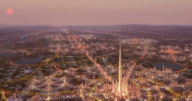 Illustration of the North Pole megaproject in Riyadh, Saudi Arabia, featuring a tall skyscraper and surrounding city.