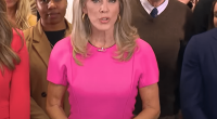 Woman in pink dress speaking to a crowd.