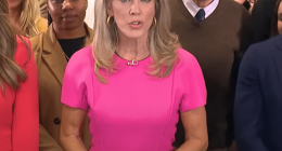 Woman in pink dress speaking to a crowd.