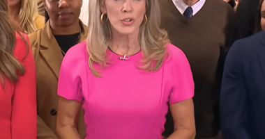 Woman in pink dress speaking to a crowd.
