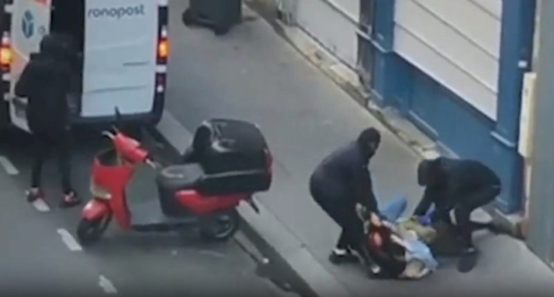 Footage of three masked men forcing a woman into a van.